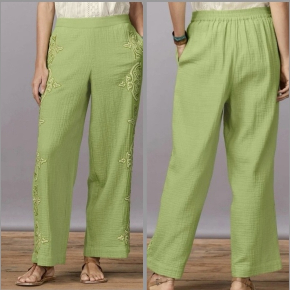 Sundance Green Morgana Floral Embroidered Palazzo Pants Wide Leg Pull On Boho S